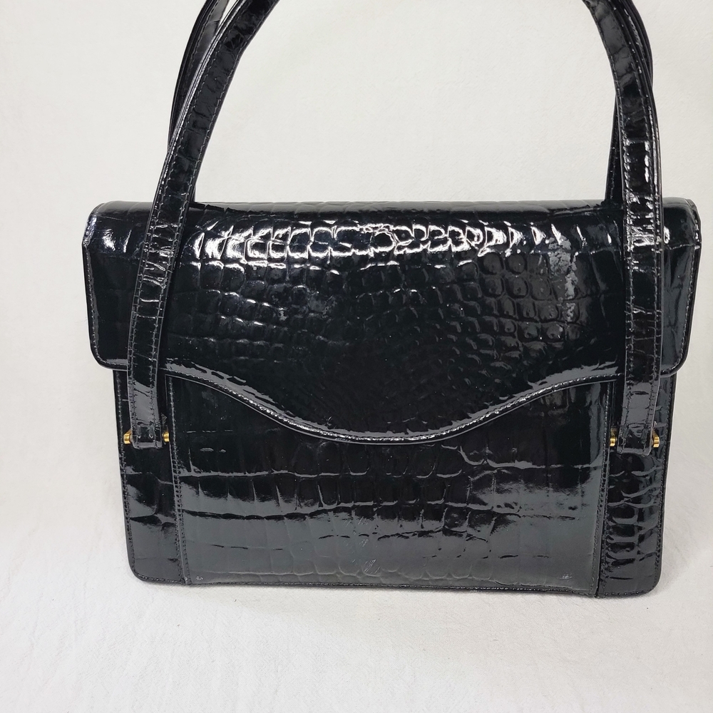 Vintage Goubaud de Paris 1950s Black Patent Croc Embossed Handbag Kelly Style - Picture 3 of 8